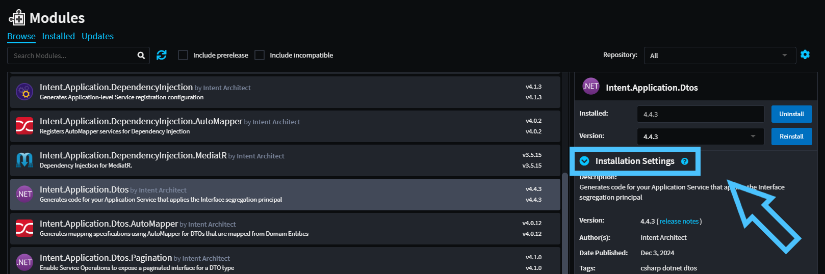The installation settings dropdown