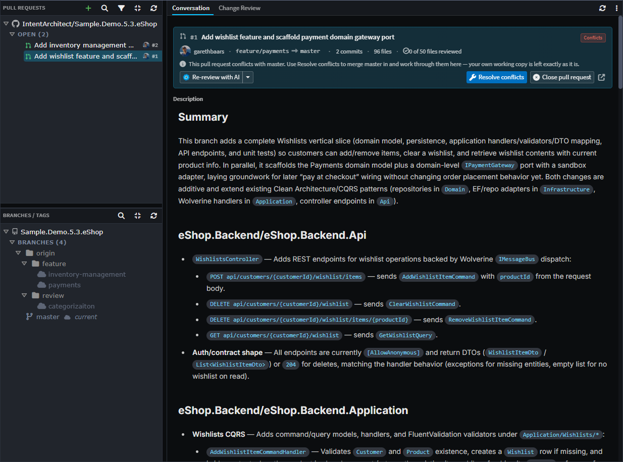 Pull requests in the Git tab