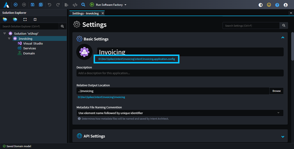 Application config location on the settings screen