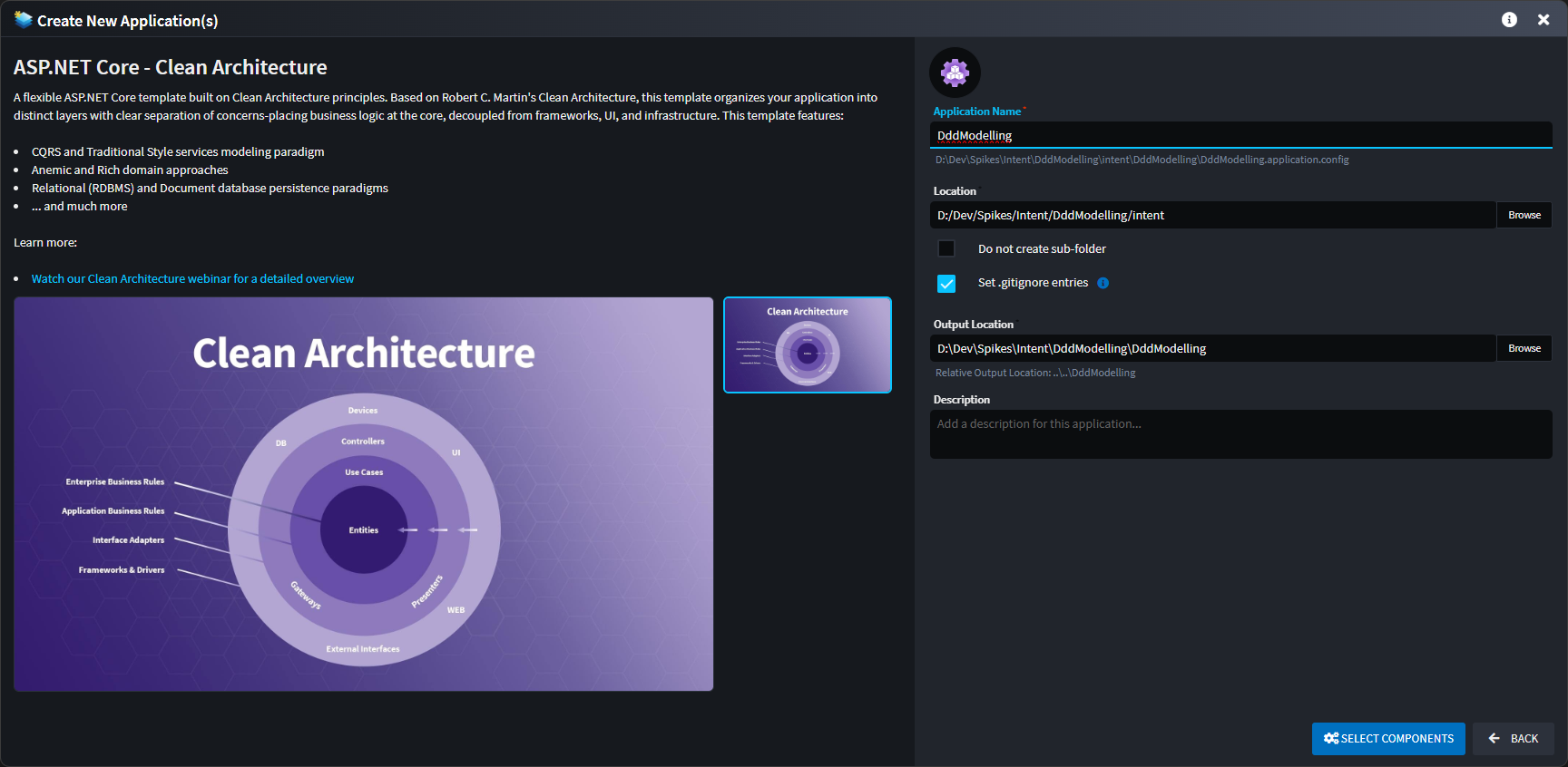 Clean Architect .NET Application Template selection