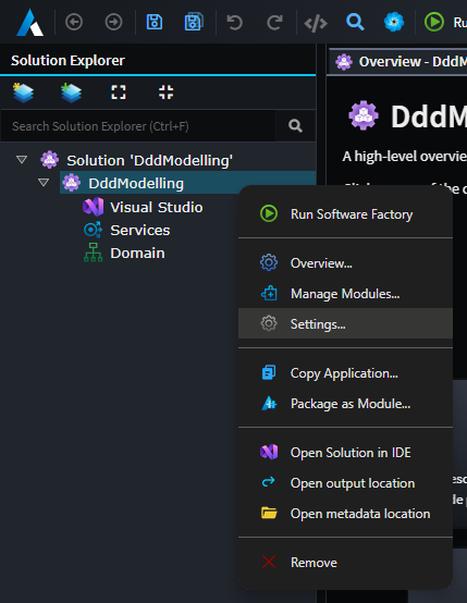 Application Settings context menu option