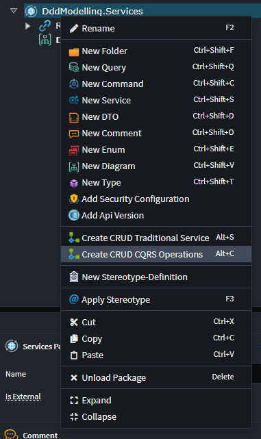 The Create CQRS Operations context menu option
