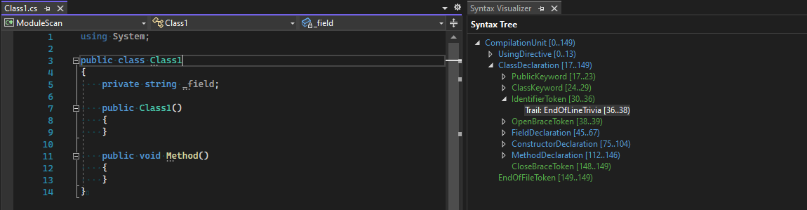 Example of an abstract syntax tree of a C# file