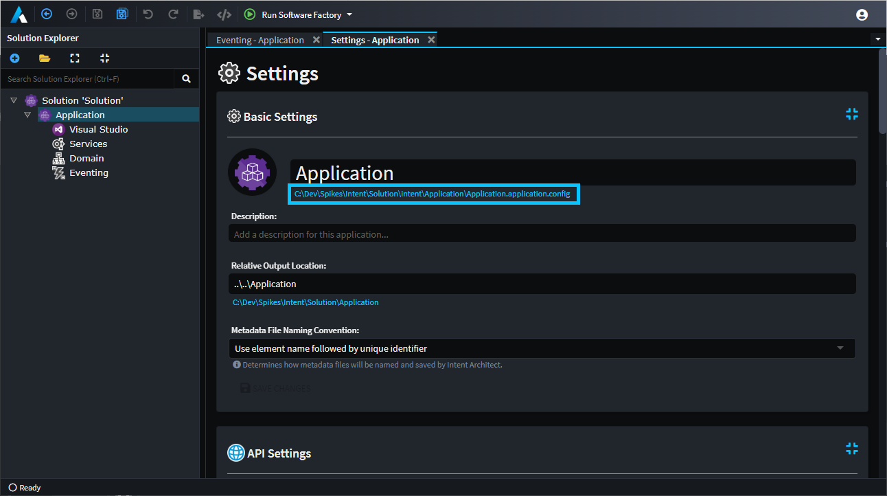 Application config location on the settings screen