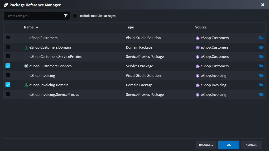 Package references manager screen showing the packages which need to be selected