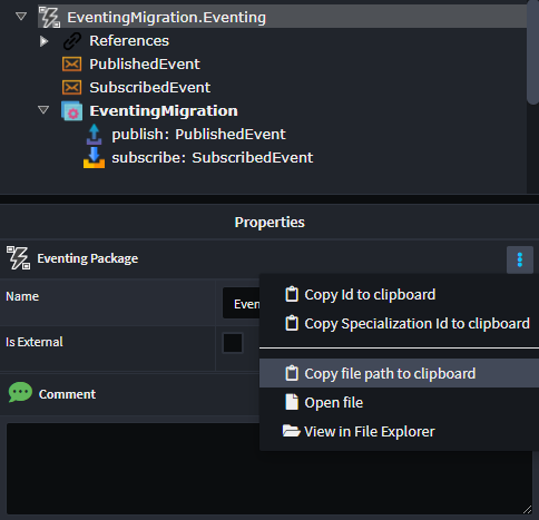 The Eventing Package's copy file path to clipboard option