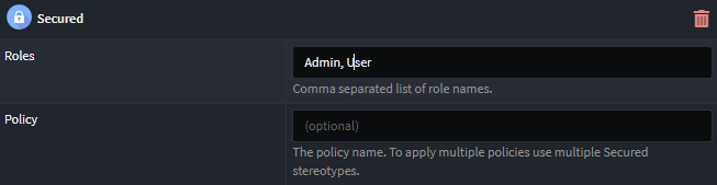 The "Secured" stereotype showing an example of using comma separated names