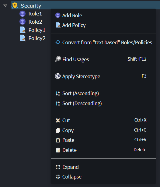 Security element context menu options