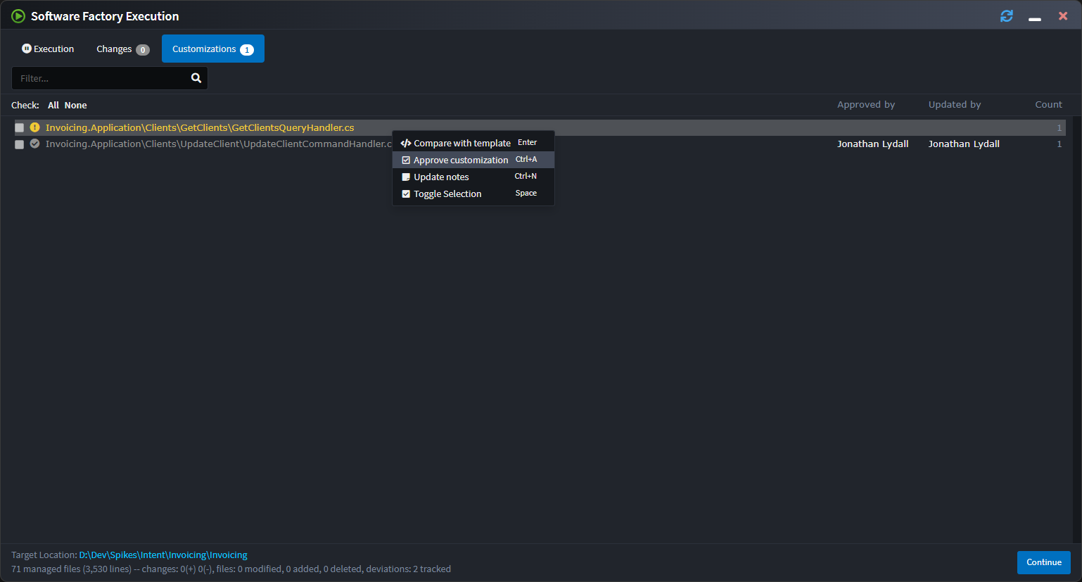 The customizations screen on the Software Factory