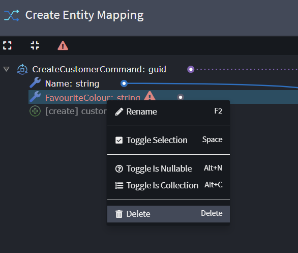 Delete field context menu option