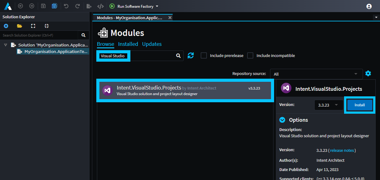 Search for and install the Visual Studio Module