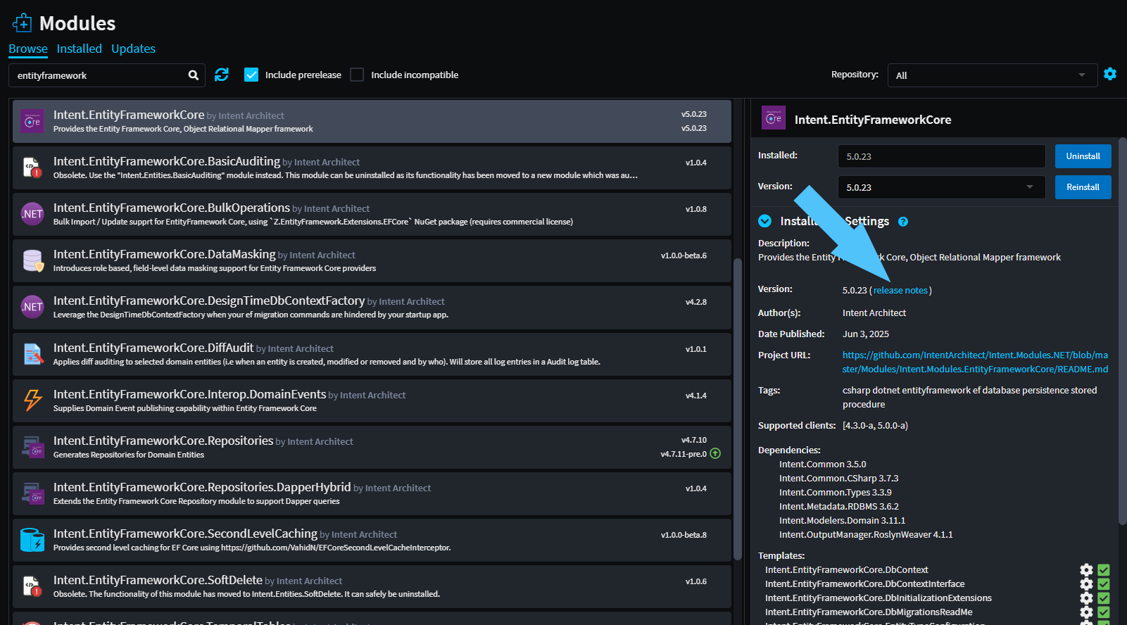 Optional release notes when looking at module details