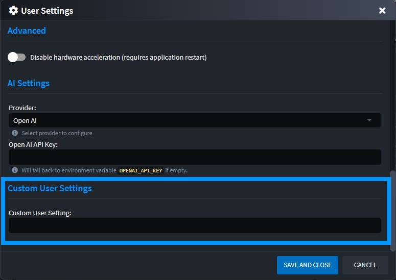 User Settings Dialog Example