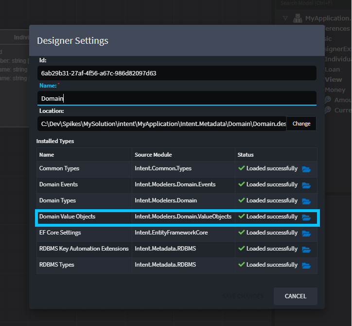 Designer Settings Dialogue