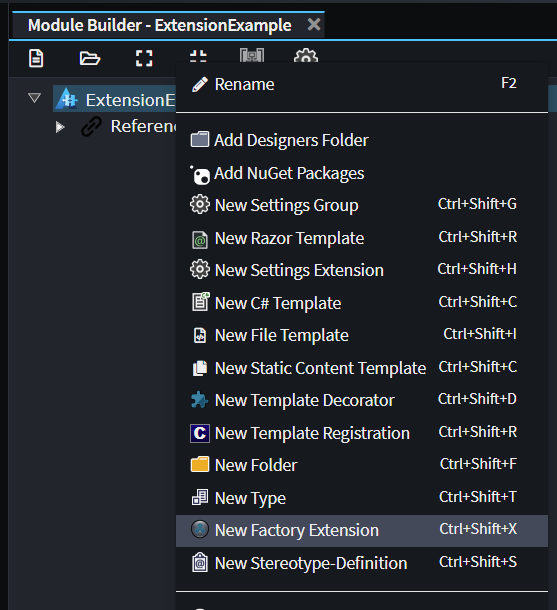 New Software Factory context menu option