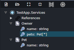 Example of DTOs modelled in the Services Designer where one of the DTO's fields references another DTO