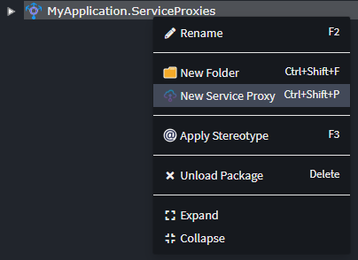 New Service Proxy content menu option