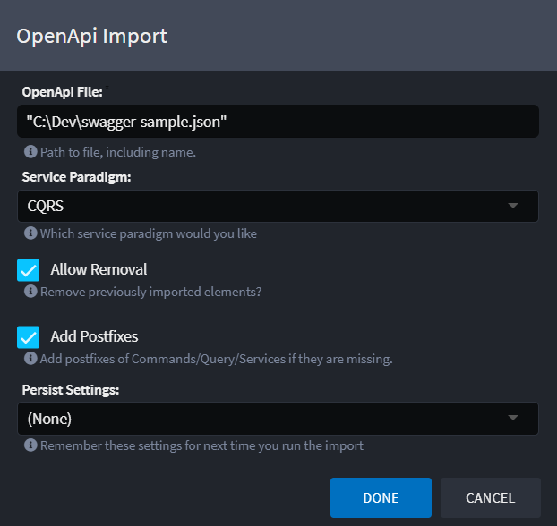 OpenApi Import dialog