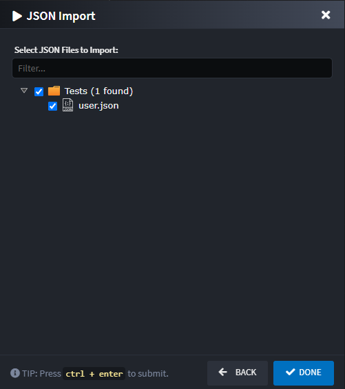 JSON Import dialog