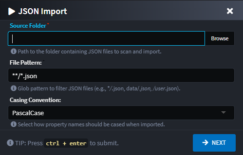 JSON Import context menu item