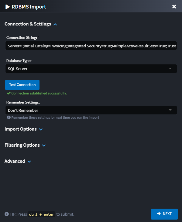 Database Import dialog