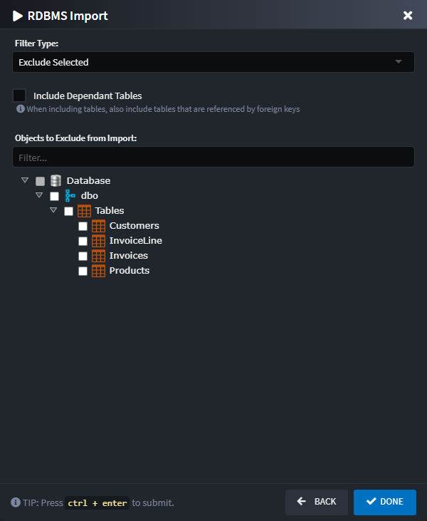 Import Selection screen