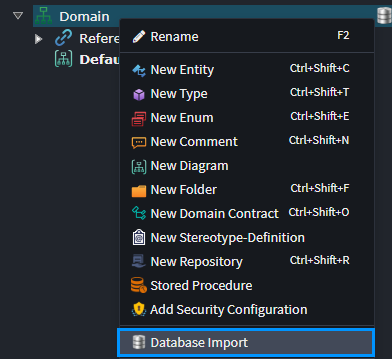 Database Import context menu item