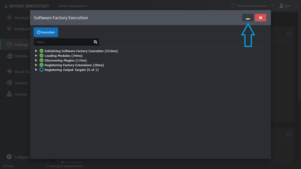 The minimize button on the Software Factory Execution window
