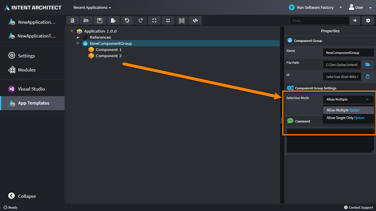 Control selection of components within a component group