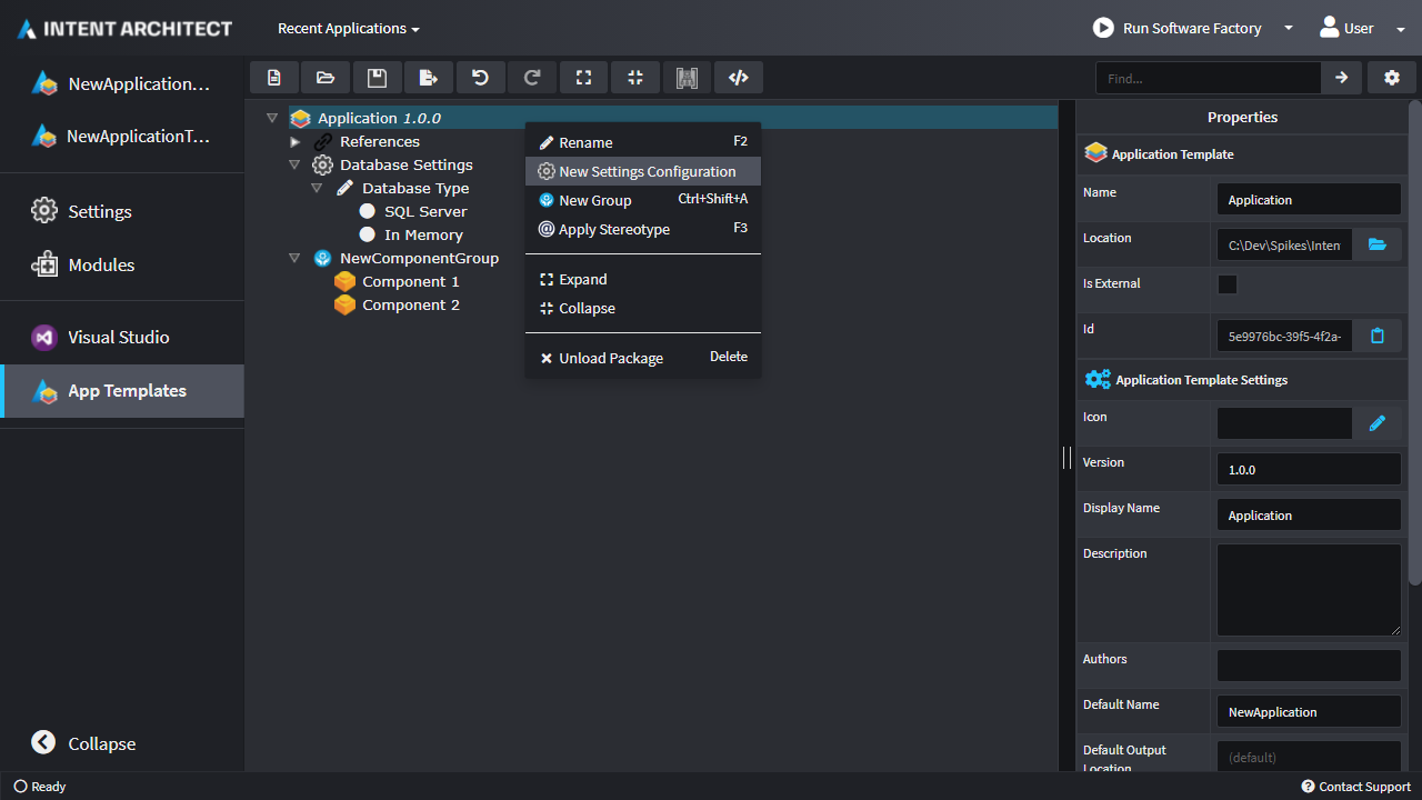 Specify application template settings