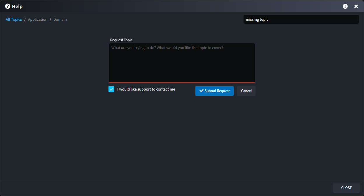 Help Dialogue: Request Topic form