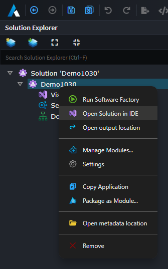 Open in IDE feature on Application context menu