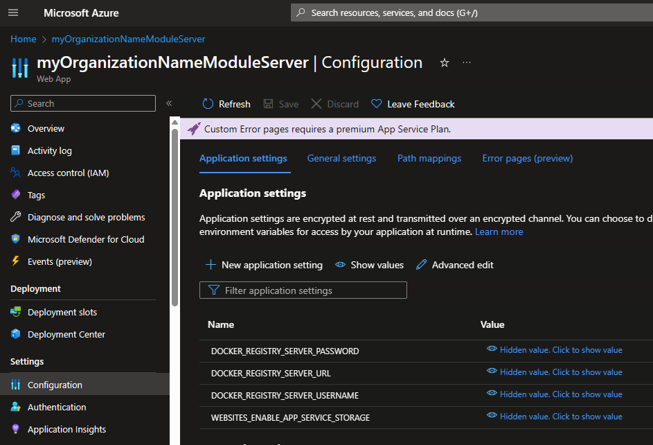 web app configuration pane