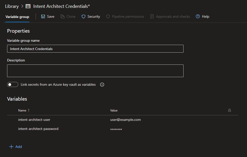 Variable group with Intent Architect account details