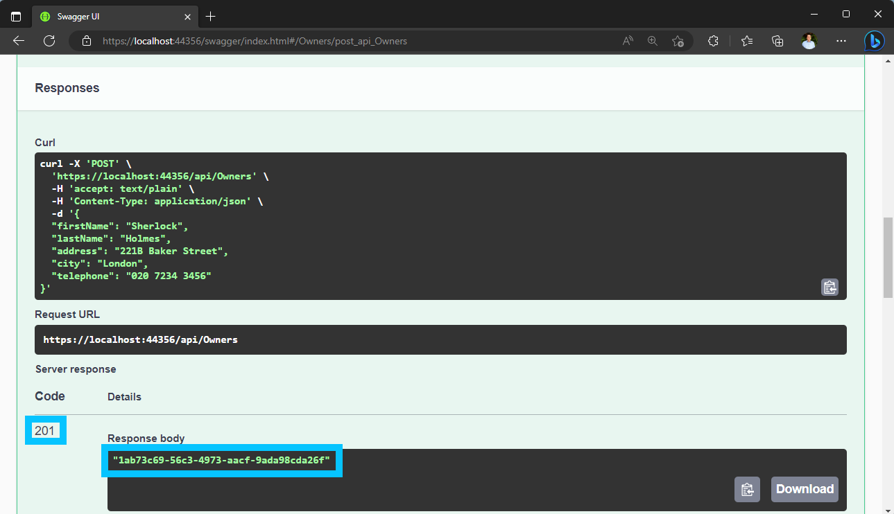 Screenshot of Swagger UI showing the results of the POST request