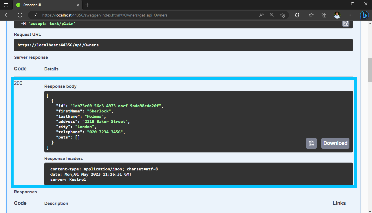 Screenshot of Swagger UI showing the results of the GET request