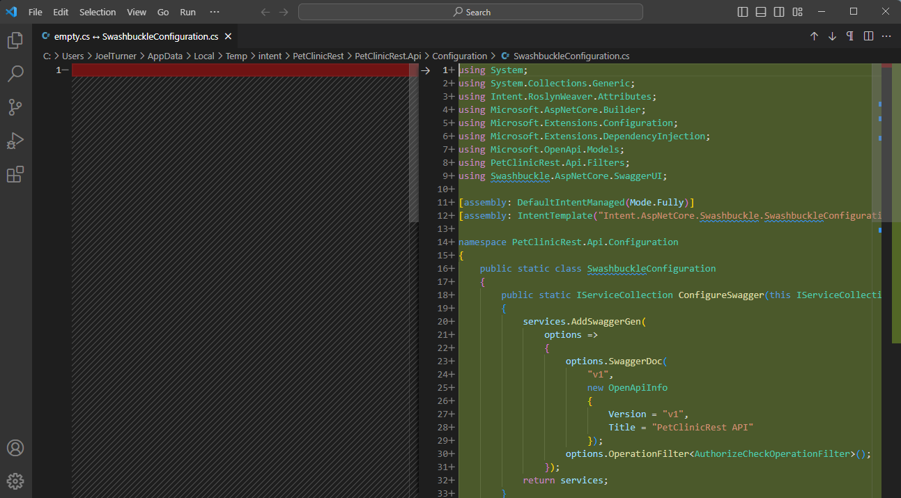 A "diff" showing the staged contents of a file