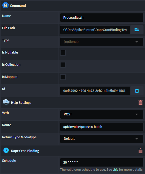 Screenshot of Command with Dapr Cron Binding stereotype applied