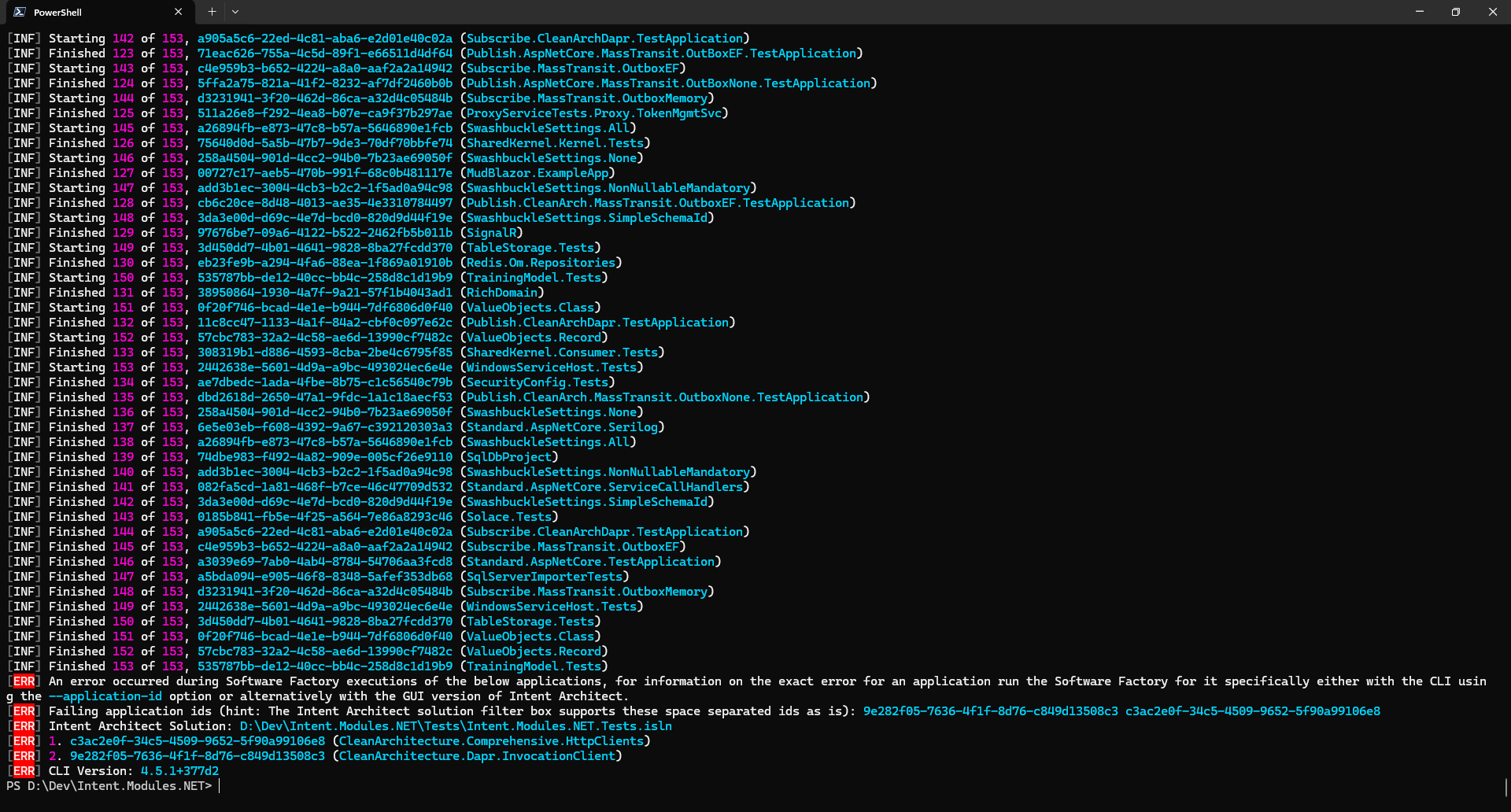 The Software Factory showing the full list of failing applications