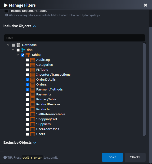 Filtering Database Inclusive Selection