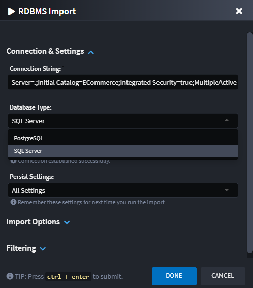 Database Import dialog