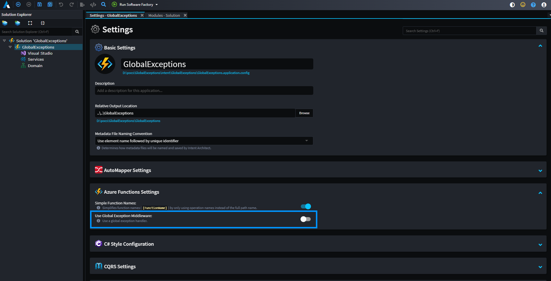 Azure Functions Global Exceptions Settings