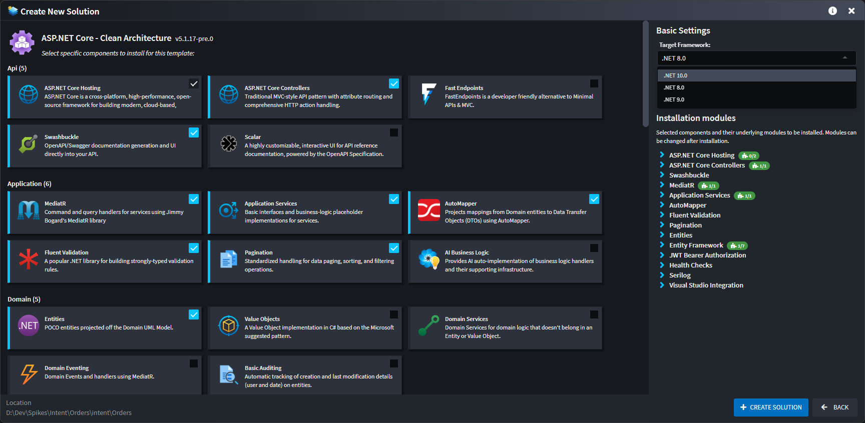 .NET 10.0 option for Target Framework on Architecture Templates