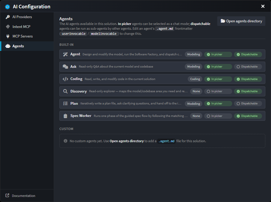 Agents tab in the AI Configuration dialog