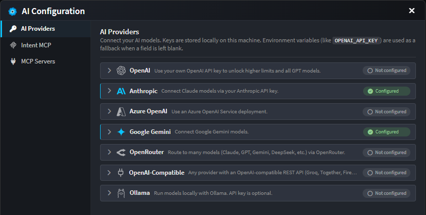AI Providers tab in the AI Configuration dialog