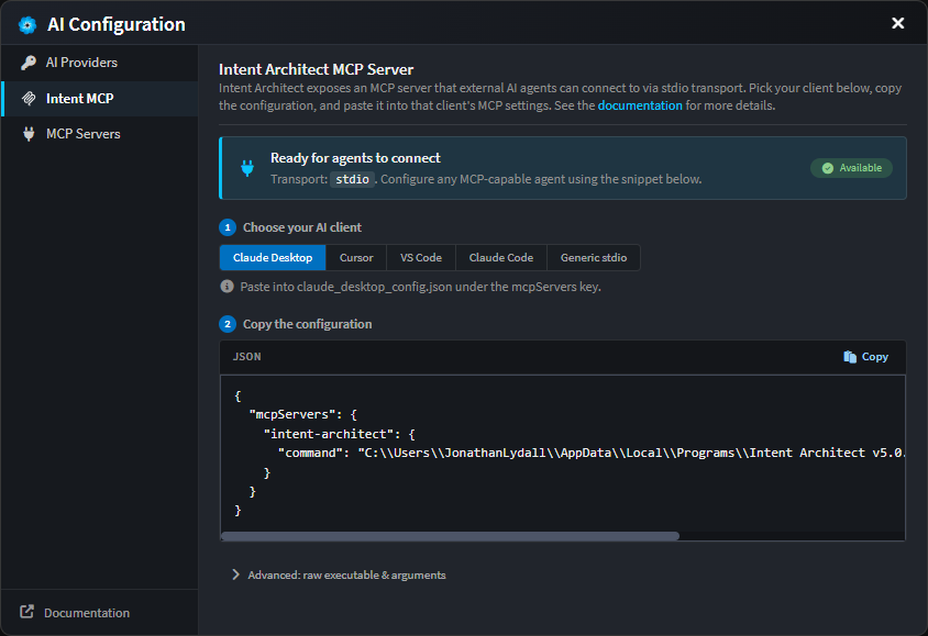 Intent MCP tab in the AI Configuration dialog