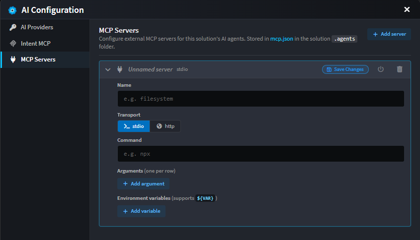 MCP Servers tab in the AI Configuration dialog