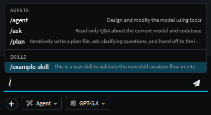 Slash-command picker showing agents and skills available in the AI chat