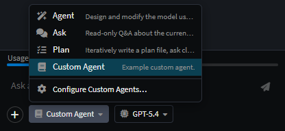 Custom agent appearing in the AI chat agent dropdown