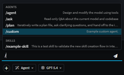 Slash-command picker listing built-in and custom agents